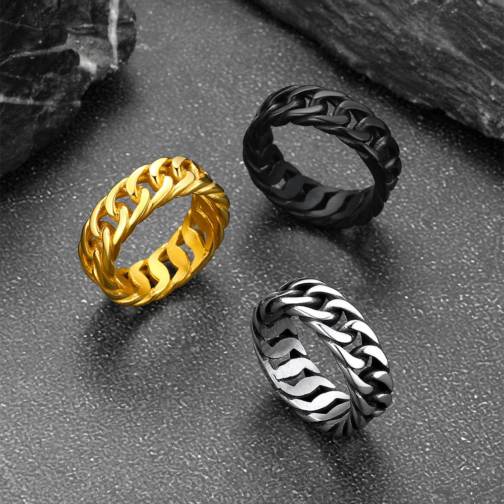 7mm Cuban chain link band ring in silver, gold, and black finishes displayed together