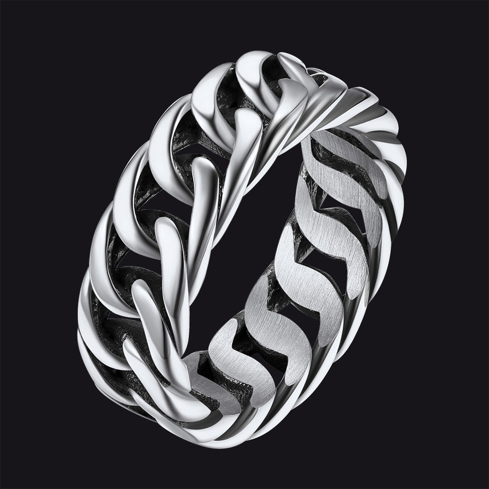 7mm unisex Cuban chain link band ring for men, stainless steel, polished silver finish