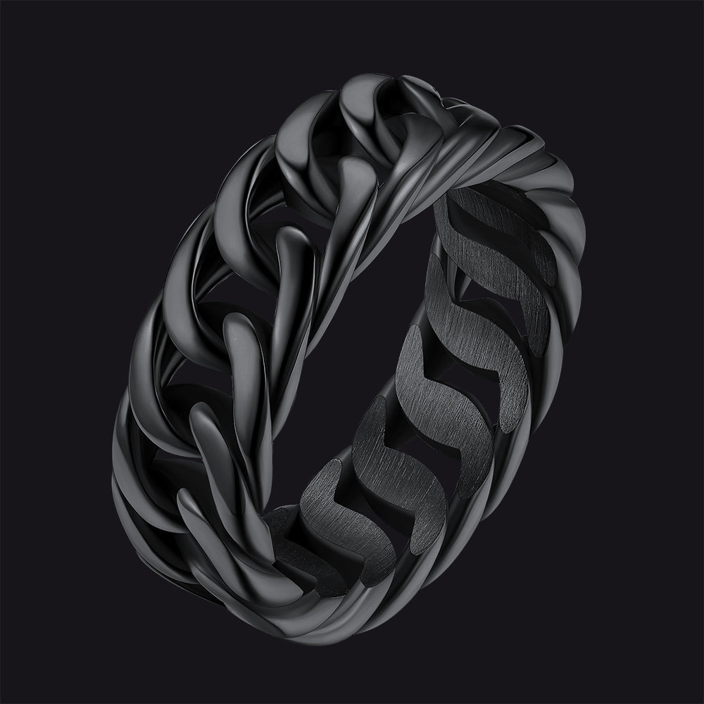 7mm unisex Cuban chain link band ring for men, stainless steel, polished silver finish