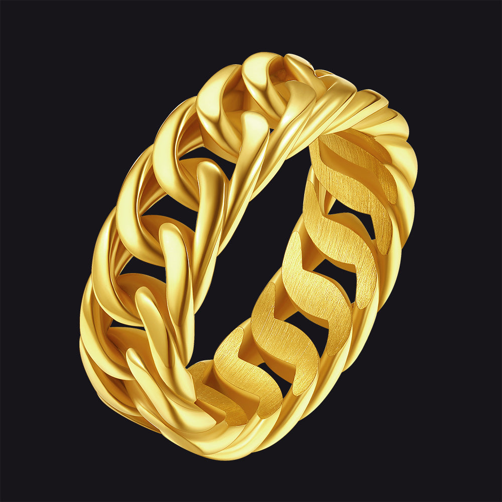 7mm unisex Cuban chain link band ring for men, stainless steel, polished silver finish