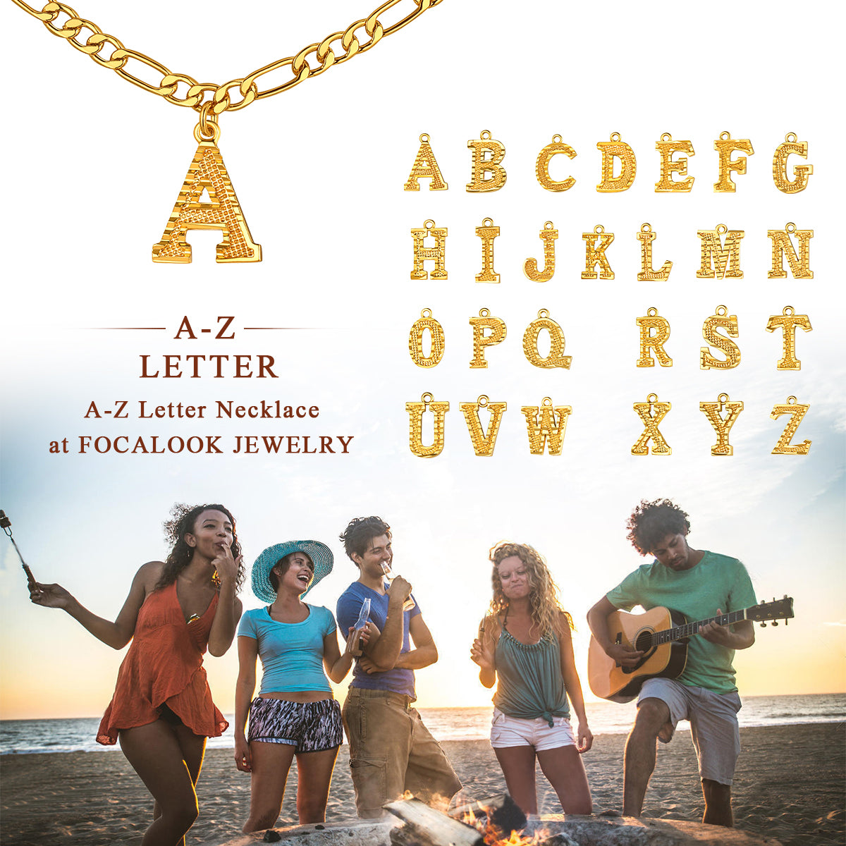 Gold letter necklace with alphabet letters on a beach scene with people.