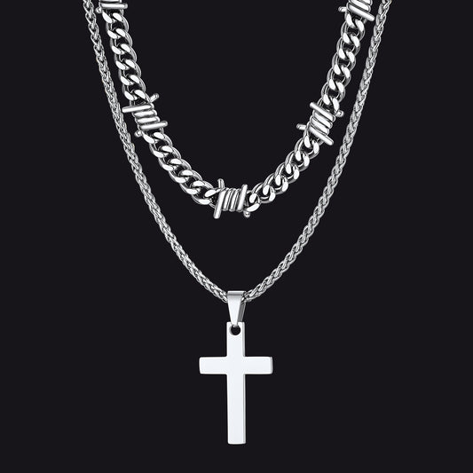 FaithHeart Barbed Wire Cuban Chain Necklace Cross Necklace Setimg