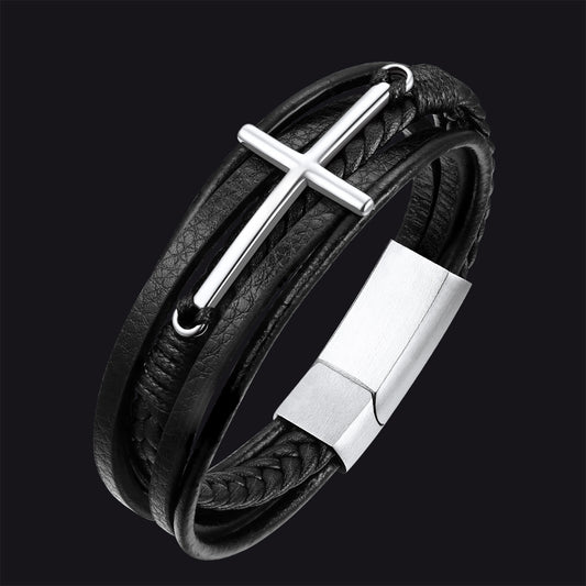 FaithHeart Cross Multi-Layer Braided Leather Braceletimg