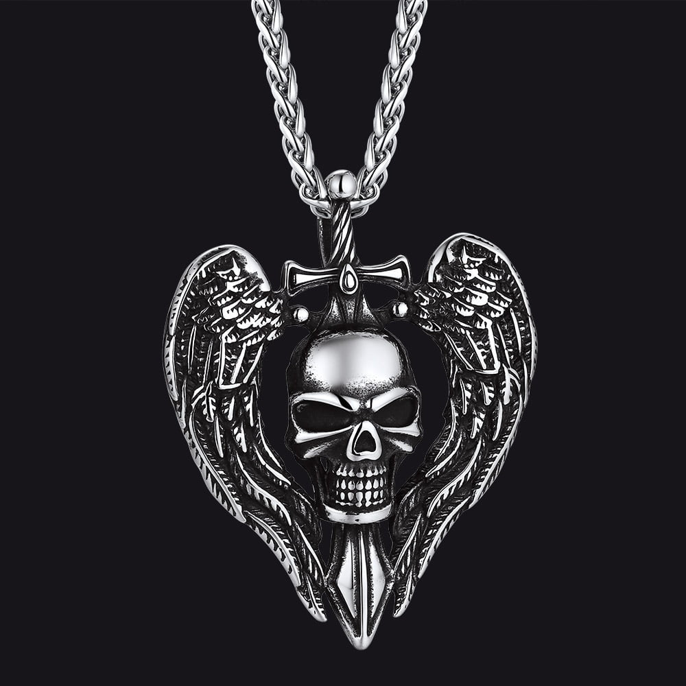 Skull Pendant Necklace for Men Gothic Sword Wings – FaithHeart