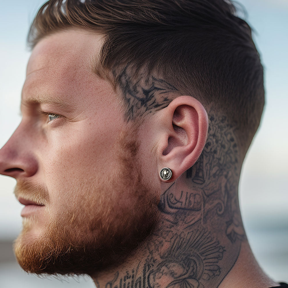 FaithHeart Men's Skull Stud Earrings With Runes in Sterling Silver