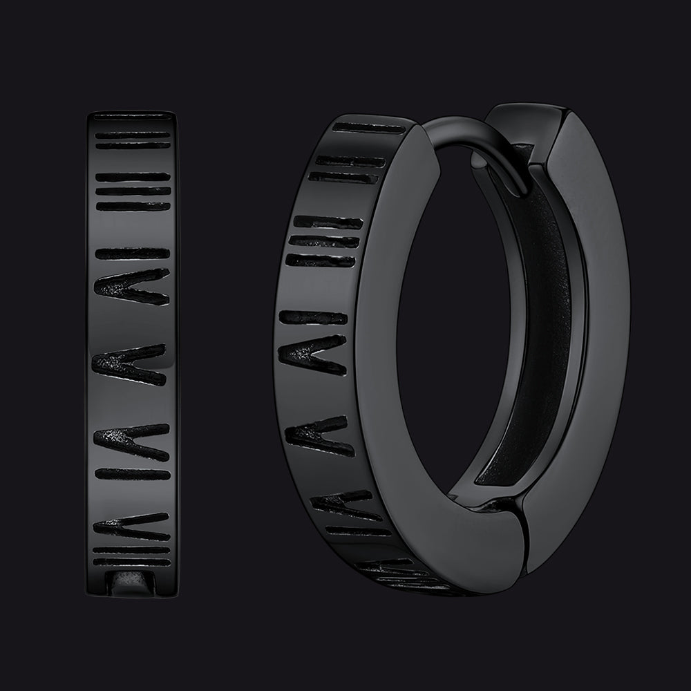 FaithHeart Roman Numerals Huggie Hoop Earrings For Men Black