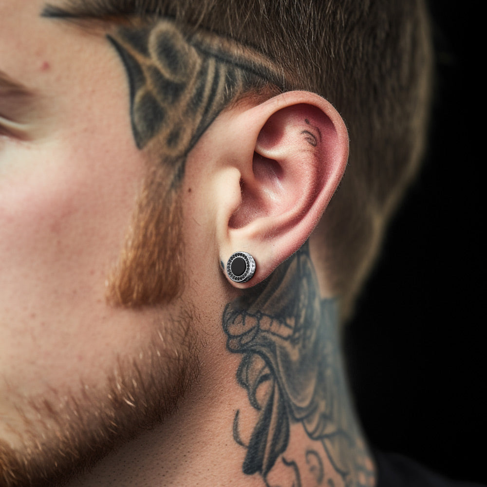 FaithHeart Round Viking Rune Black Onyx Earrings in Sterling Silver