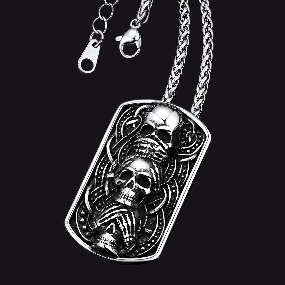 FaithHeart See No Evil, Hear No Evil, Speak No Evil Skulls Dog Tag Necklace