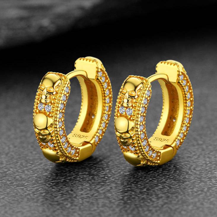Gold Skull Huggie Hoop Earrings with Cubic Zirconia - Punk Jewelry