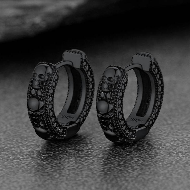Black Skull Huggie Hoop Earrings for Men - Gothic Punk Style
