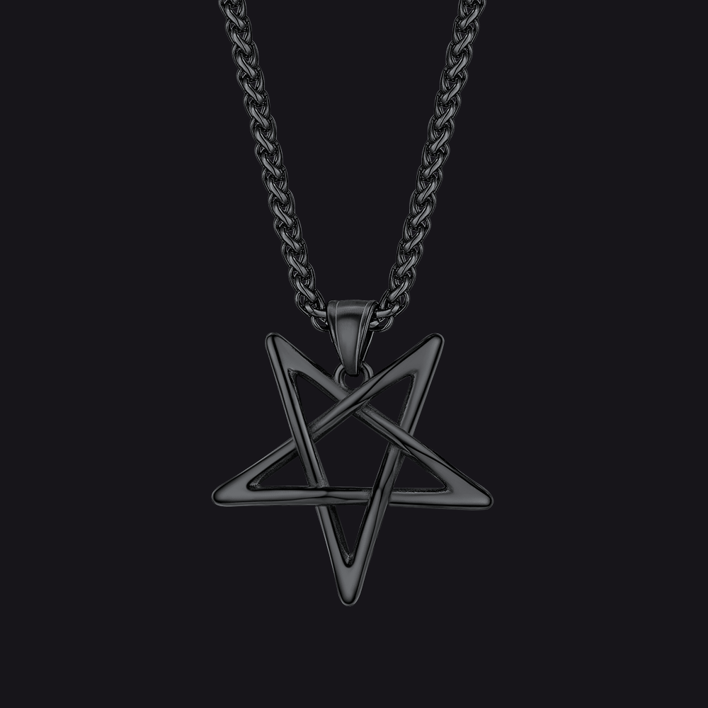 FaithHeart Stainless Steel Solomon Satanic Necklace Inverted Pentagram Pendant Black