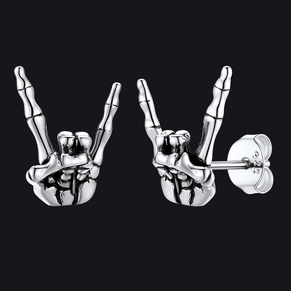 FaithHeart Sterling Silver Rock On Hand Stud Earrings Skeleton Bone Earrings