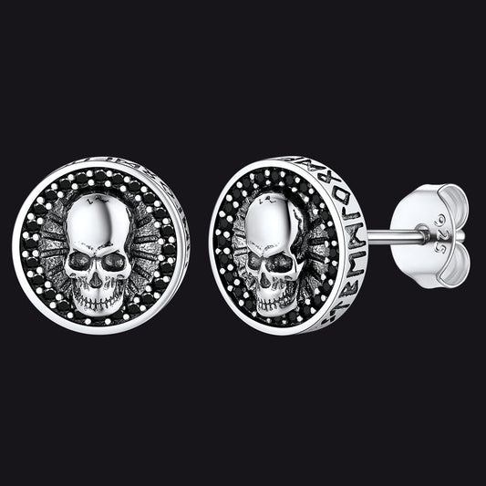 FaithHeart Sterling Silver Skull Stud Earrings With Runesimg