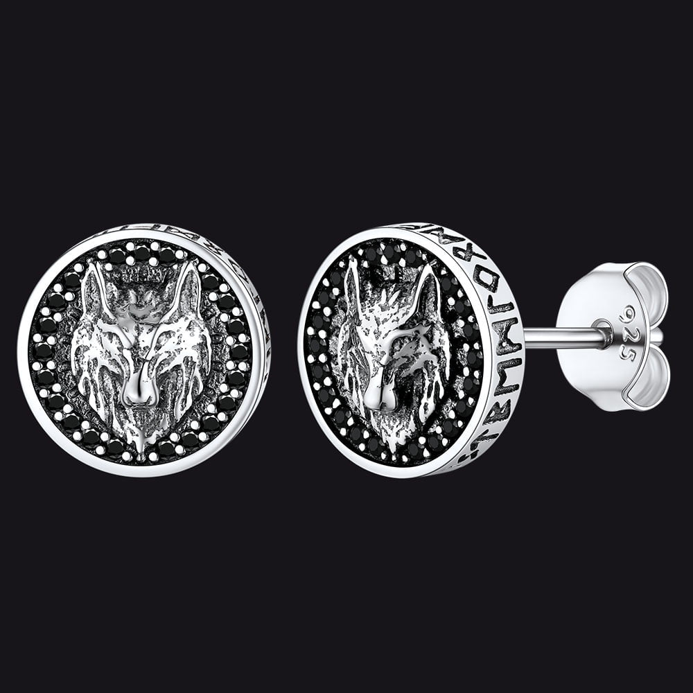 FaithHeart Sterling Silver Viking Wolf Head Stud Earrings For Men