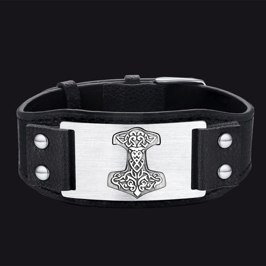 FaithHeart Thor's Hammer Cuff Bracelet Leather Wristband For Mensimg