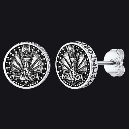 FaithHeart Sterling Silver Viking Thor's Hammer Stud Earrings With Runesimg