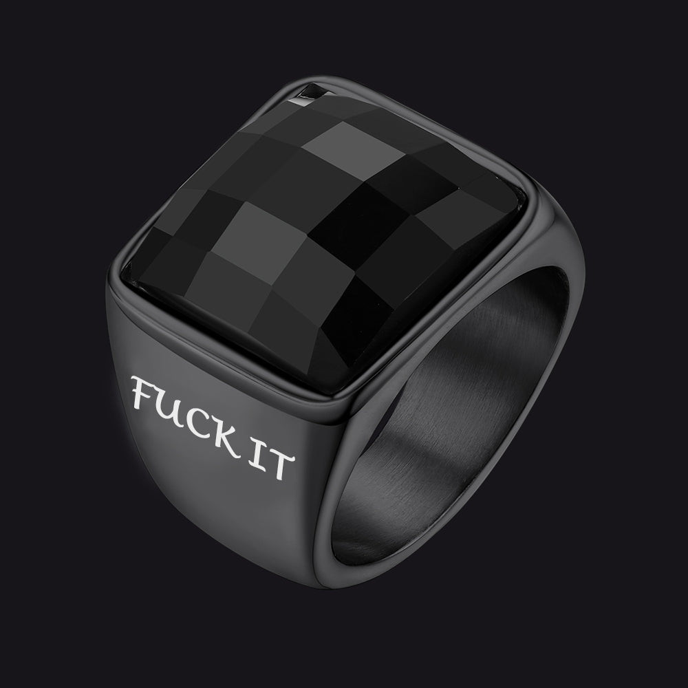 Faithheart F*ck It Black Onyx Engraved Signet Ring for Men