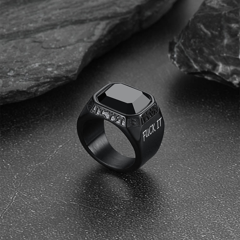Faithheart Black Onyx Ring with Viking Runes