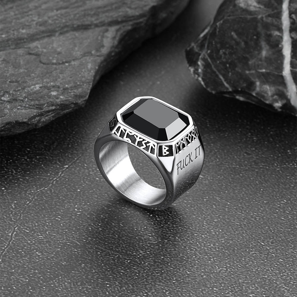 Faithheart F*ck it Black Onyx Ring with Viking Runes for Men FaithHeart Jewelry