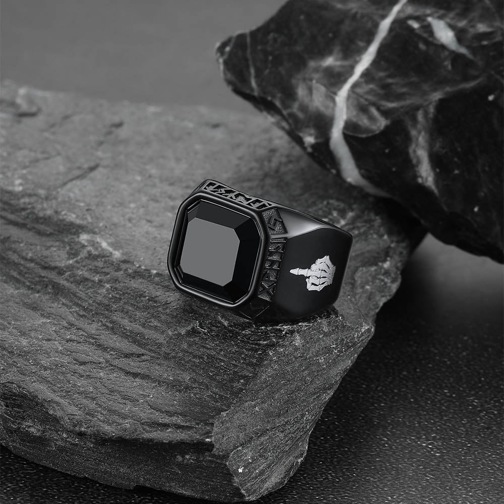 Faithheart Black Onyx Ring with Viking Runes for Men