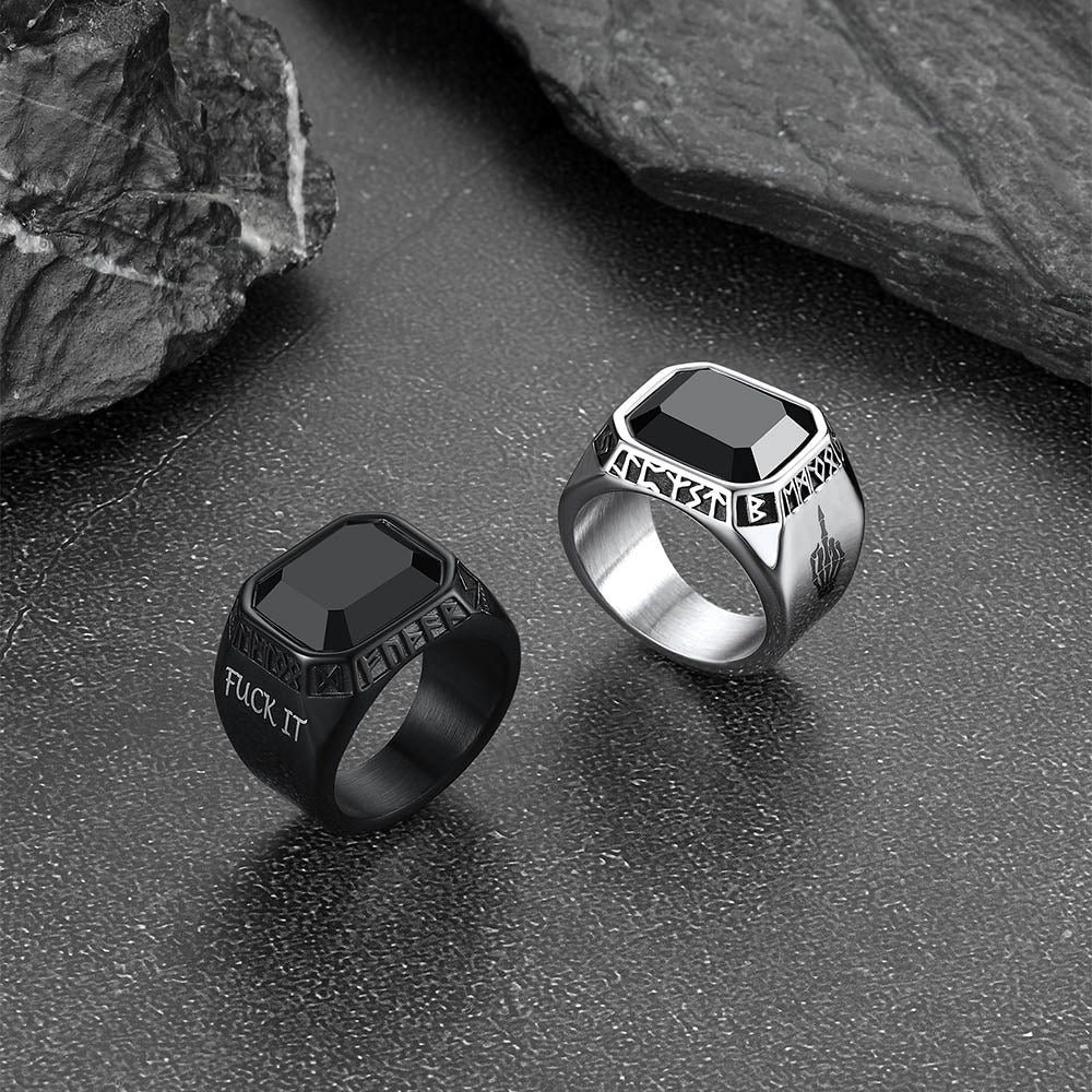 Faithheart Black Onyx Ring with Viking Runes for Men