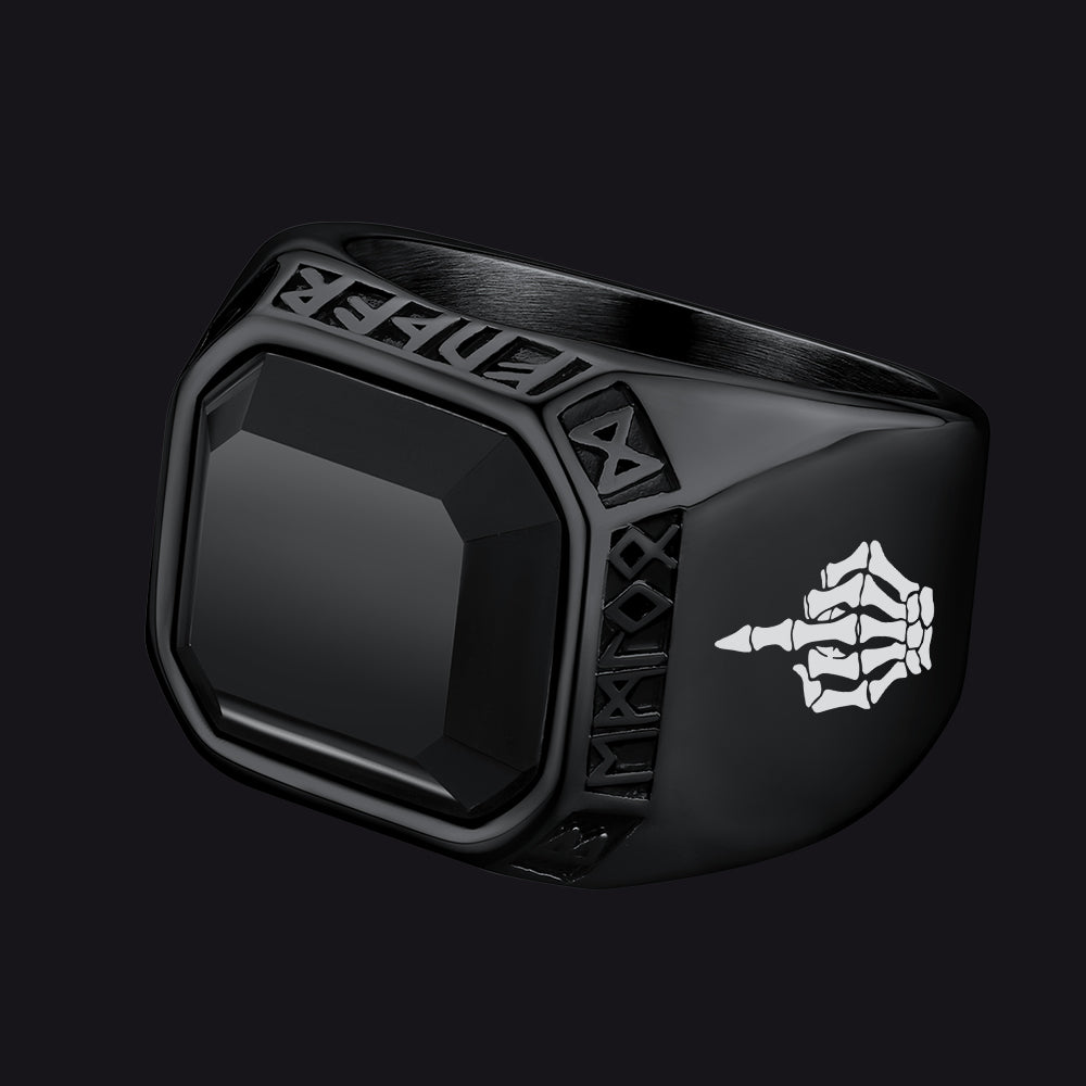 Faithheart Fuck it Black Onyx Ring with Viking Runes for Men FaithHeart Jewelry