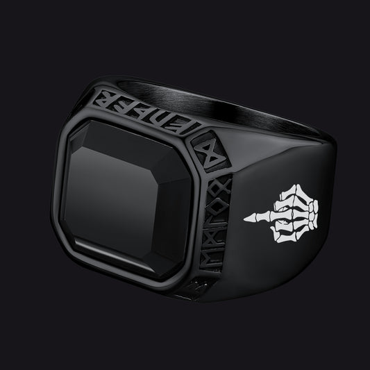 Faithheart Fuck it Black Onyx Ring with Viking Runes for Men FaithHeart Jewelryimg