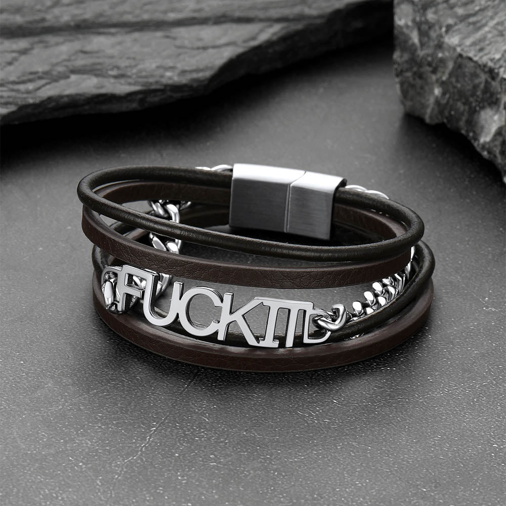 Faithheart F*ck It Vintage Steel Chain Leather Bracelet for Men FaithHeart Jewelry