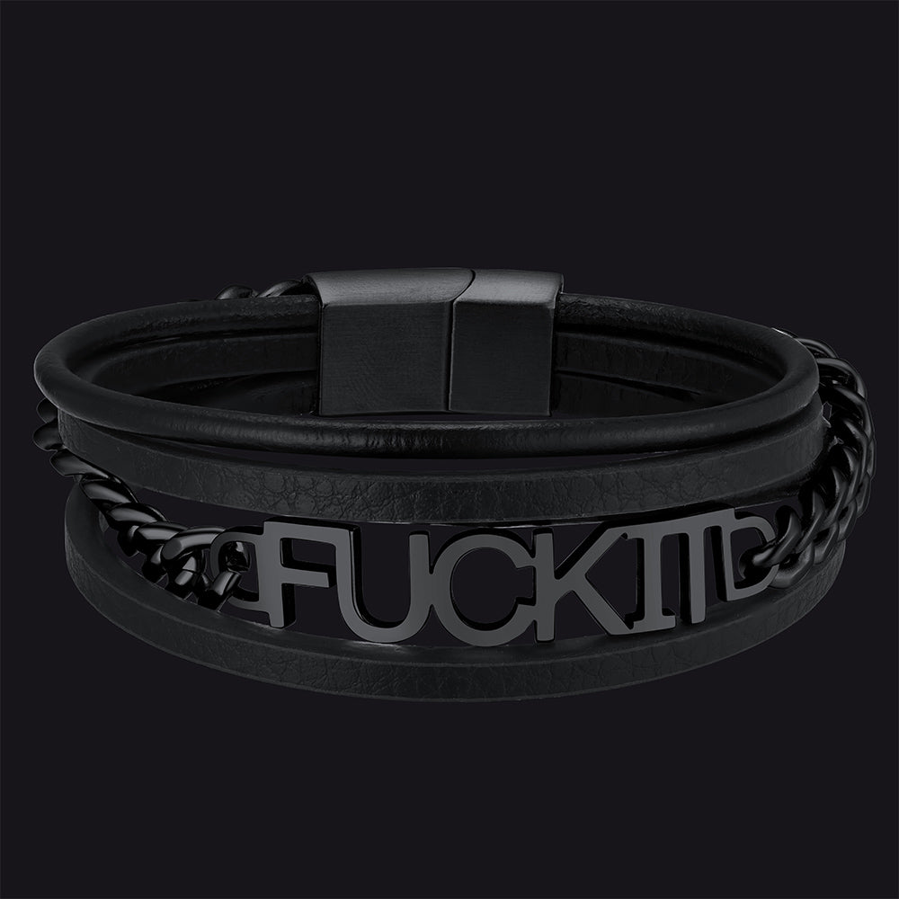 Faithheart F*ck It Vintage Steel Chain Leather Bracelet for Men Black