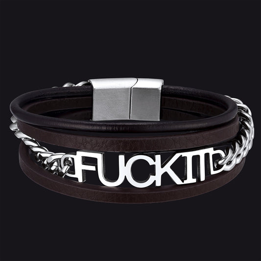 Faithheart F*ck It Vintage Steel Chain Leather Bracelet for Menimg