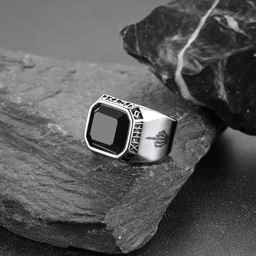 Faithheart Fuck it Black Onyx Ring with Viking Runes