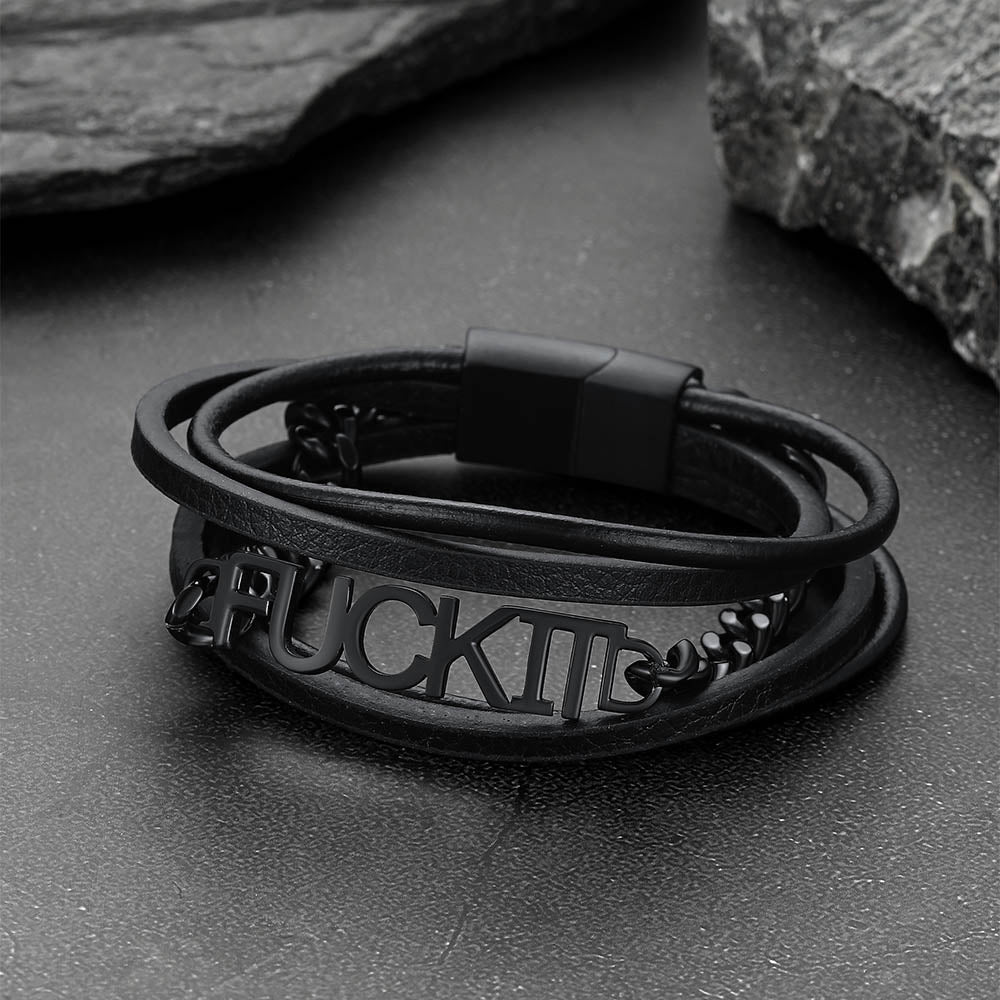 Faithheart F*ck It Vintage Steel Chain Leather Bracelet for Men FaithHeart Jewelry