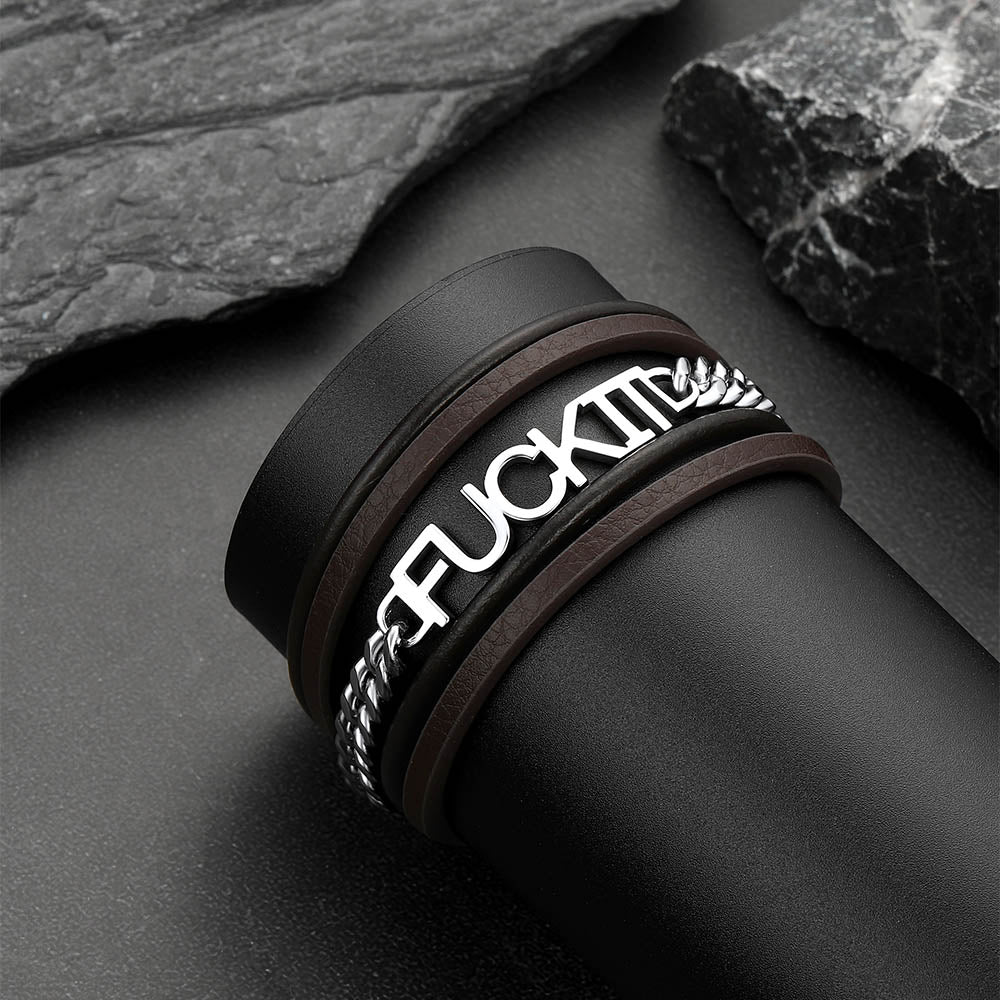 Faithheart F*ck It Vintage Steel Chain Leather Bracelet for Men FaithHeart Jewelry
