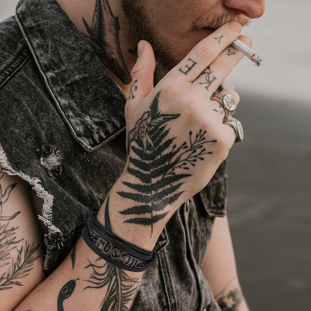 F*ck It Vintage Steel Chain Leather Bracelet for Men FaithHeart Jewelry