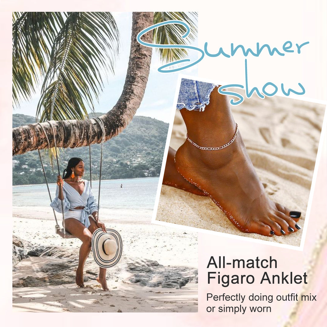 Figaro chain anklet on feet at beach sunset