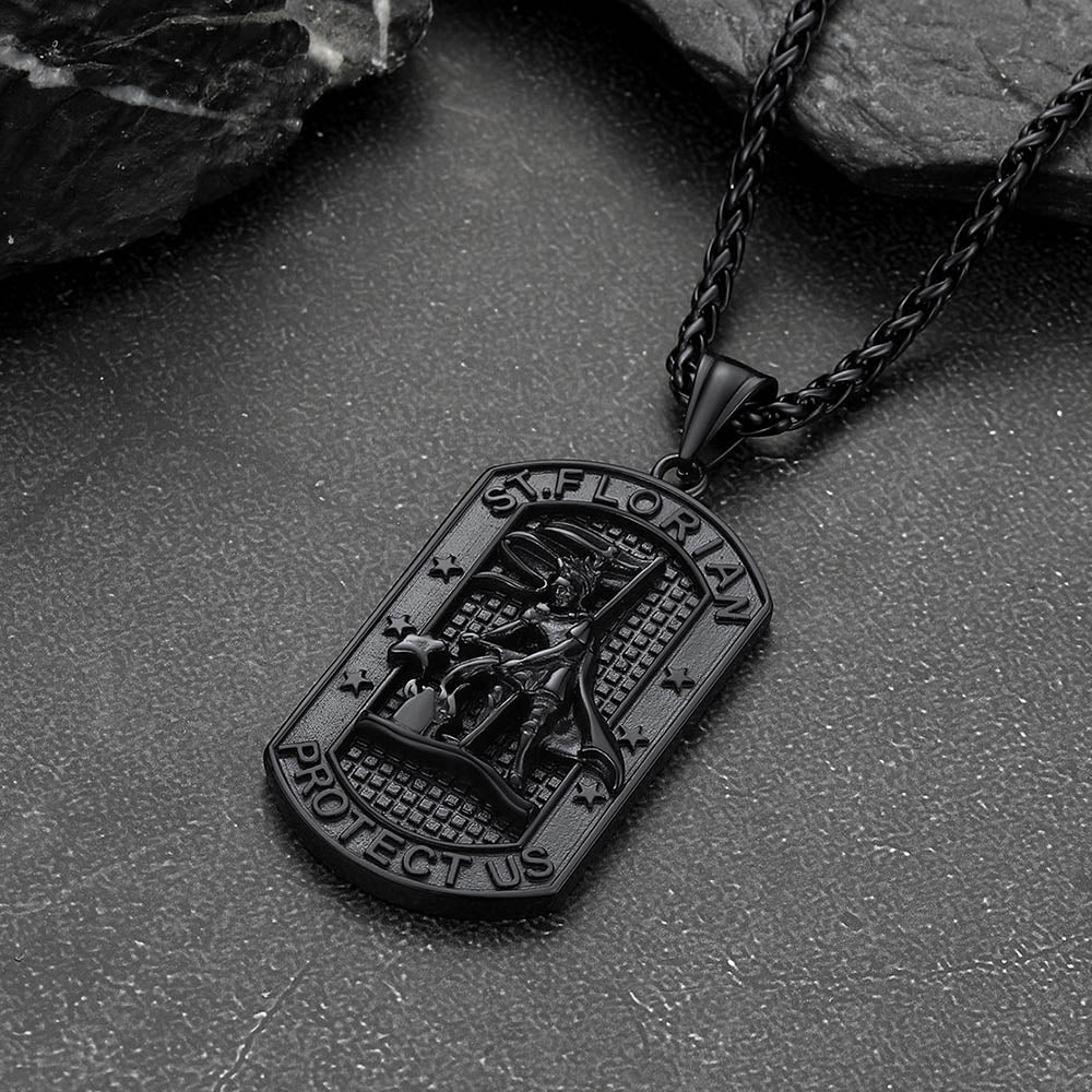 Black St. Florian Dog Tag Necklace, Firefighter Protection
