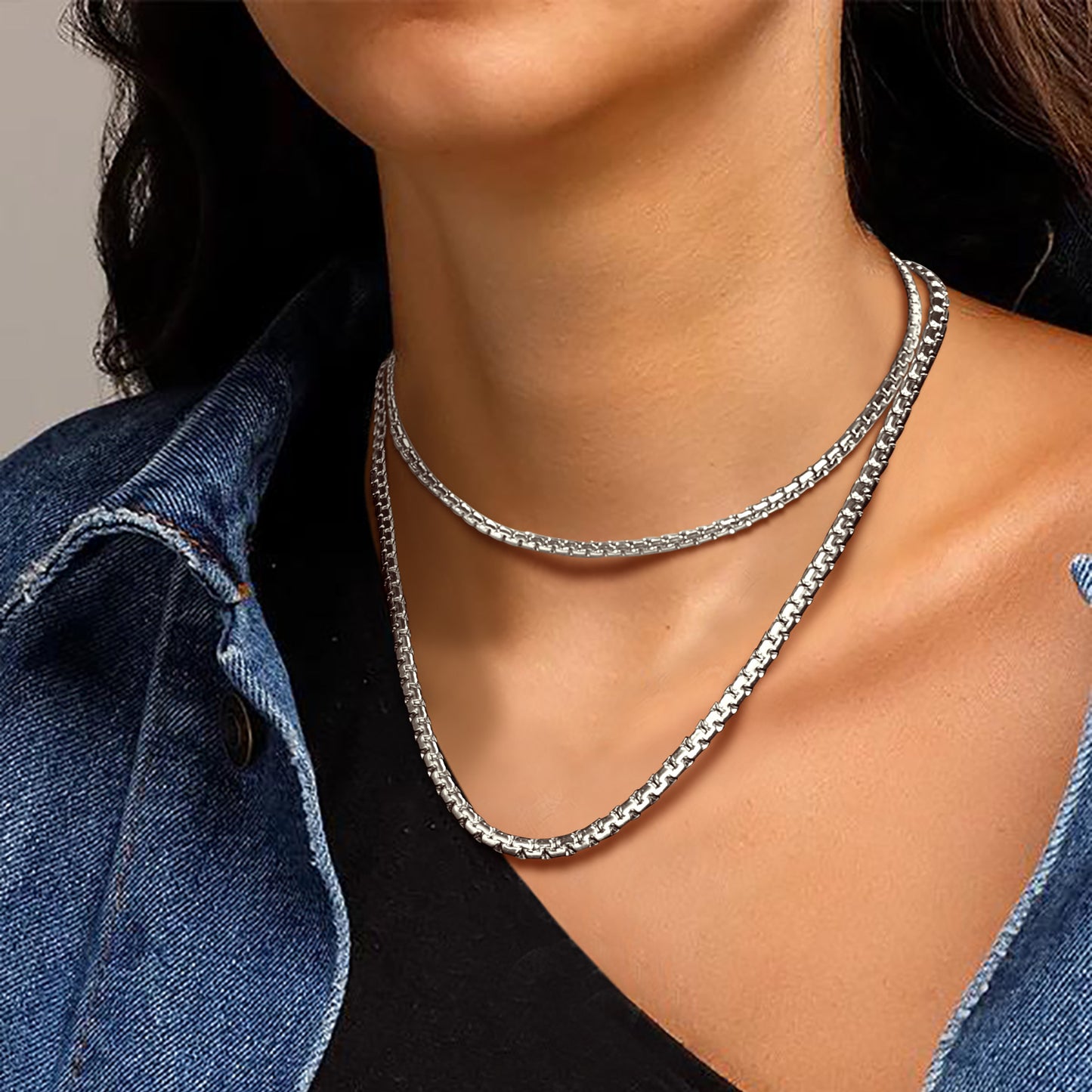 Silver flat box link chain necklace for men and women, stainless steel, 4mm and 6mm widths