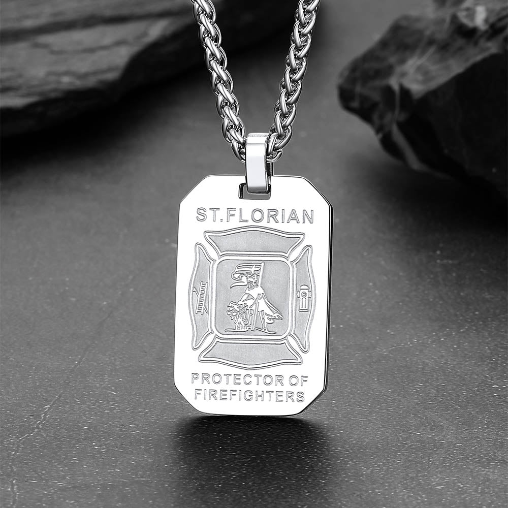 Engraved Saint Florian Firefighter Dog Tag Necklace for Firemen Men