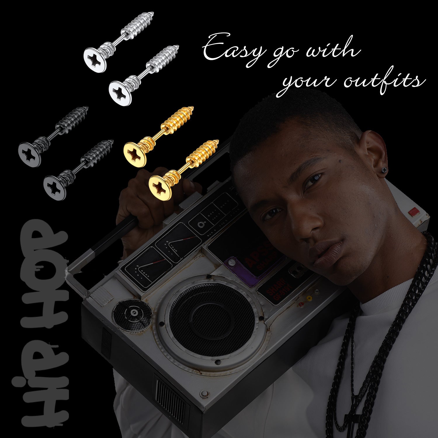 Screw Back Stud Earrings Set for Men, punk style, easy go with your outfits.