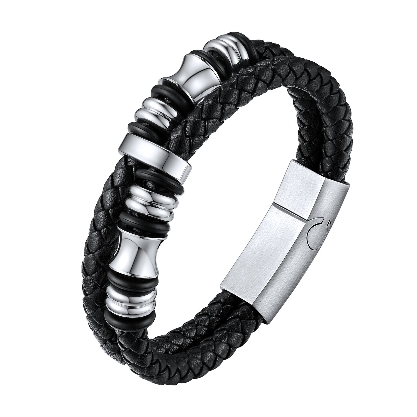 Men's black braided leather bracelet with stainless steel details