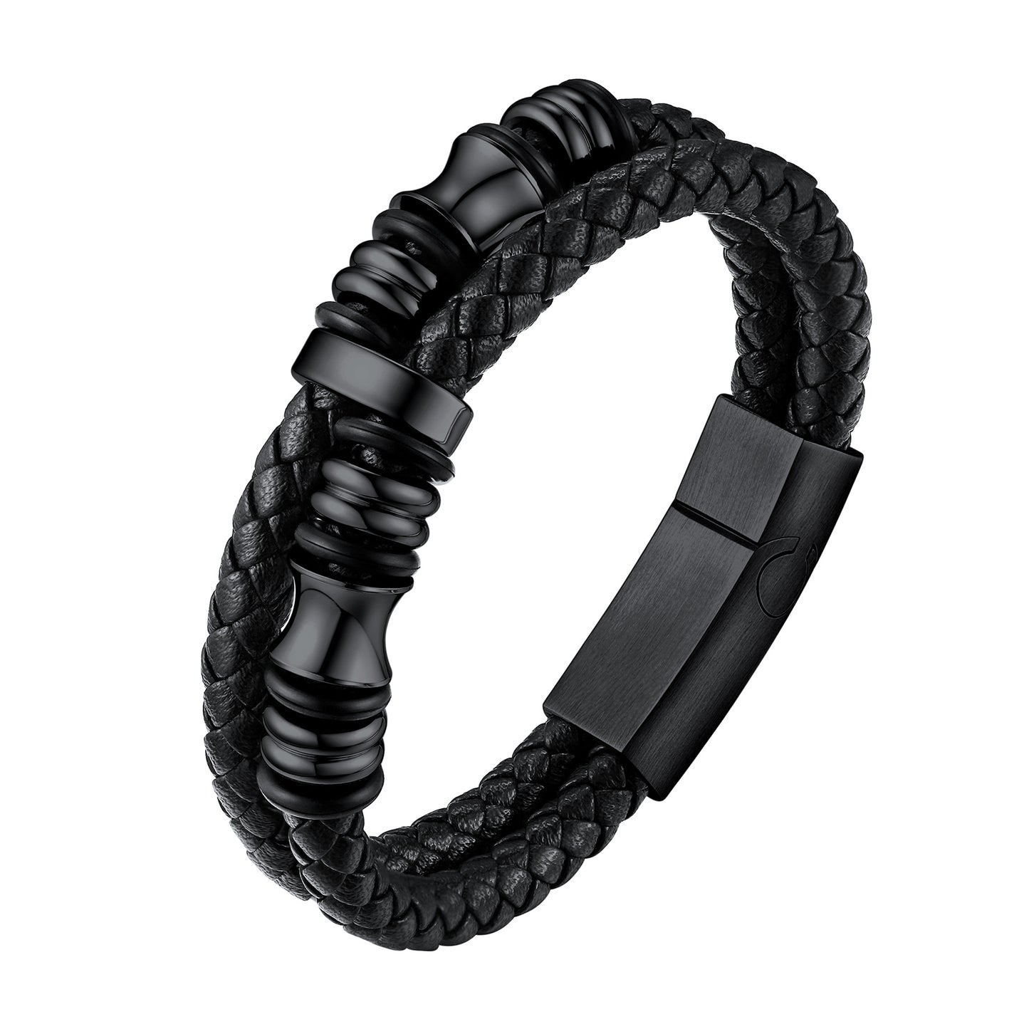 Black braided leather bracelet with stainless steel clasp