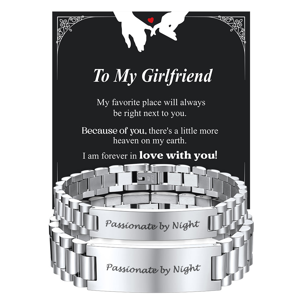 Custom Engraved Nameplate Bar Chain Bracelet with black card with romantic message