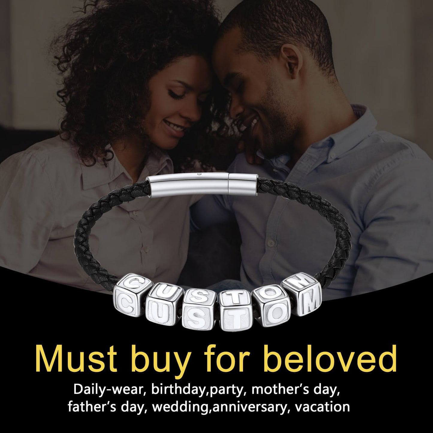 Couple embracing with a personalized bracelet in the foreground, labeled 'Must buy for beloved'.