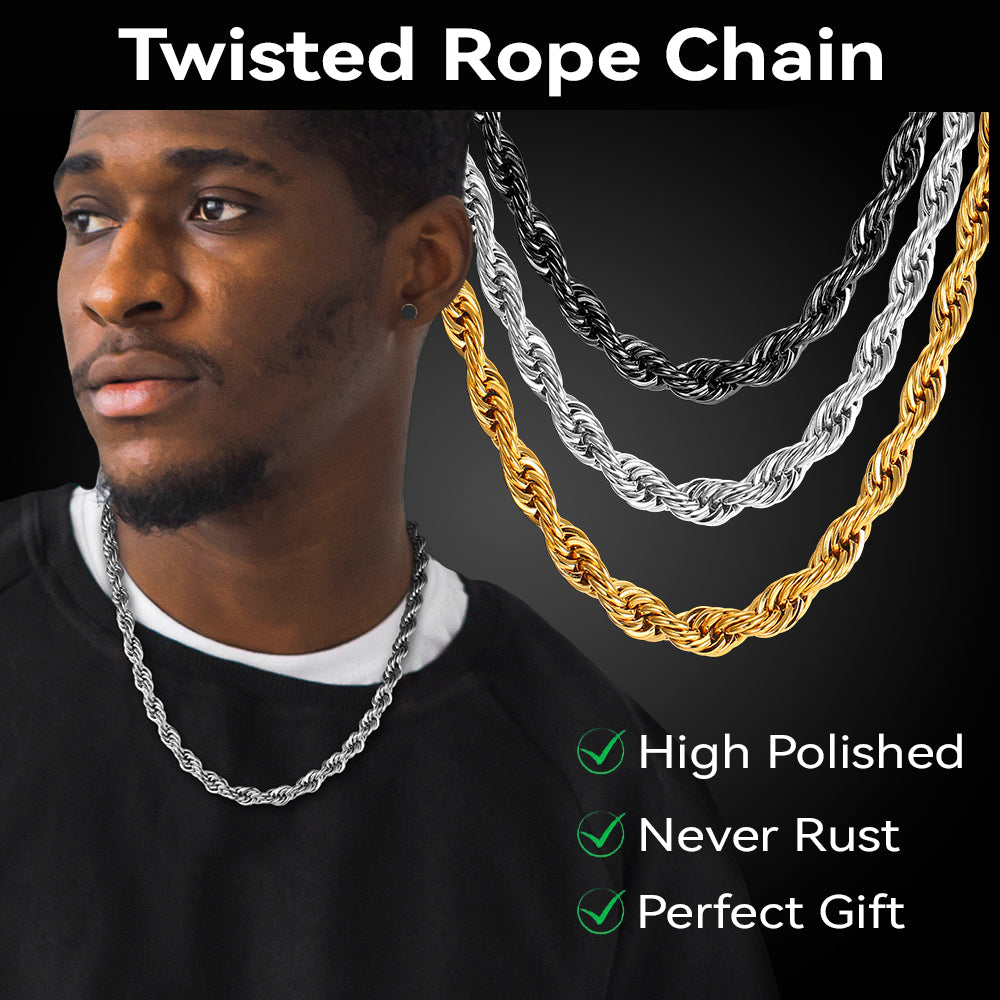 Twisted  Rope Chain Link Necklace for Men Women, 3MM Width