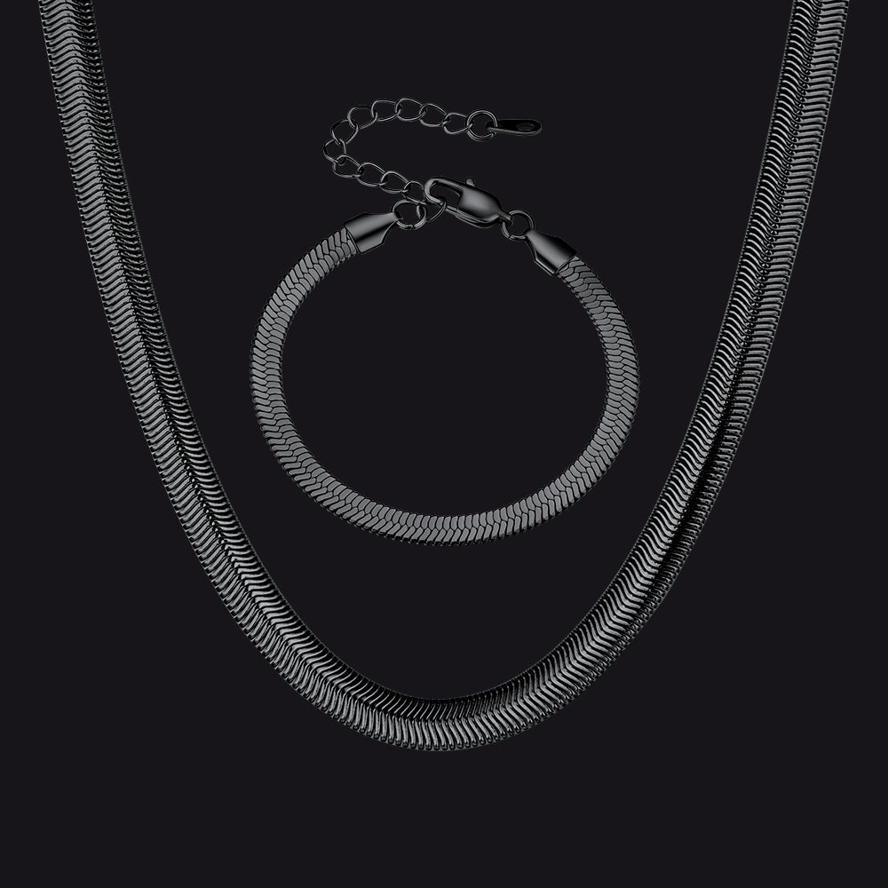Matte Black Snake Chain Link Necklace and Bracelet Set – 8mm/5mm