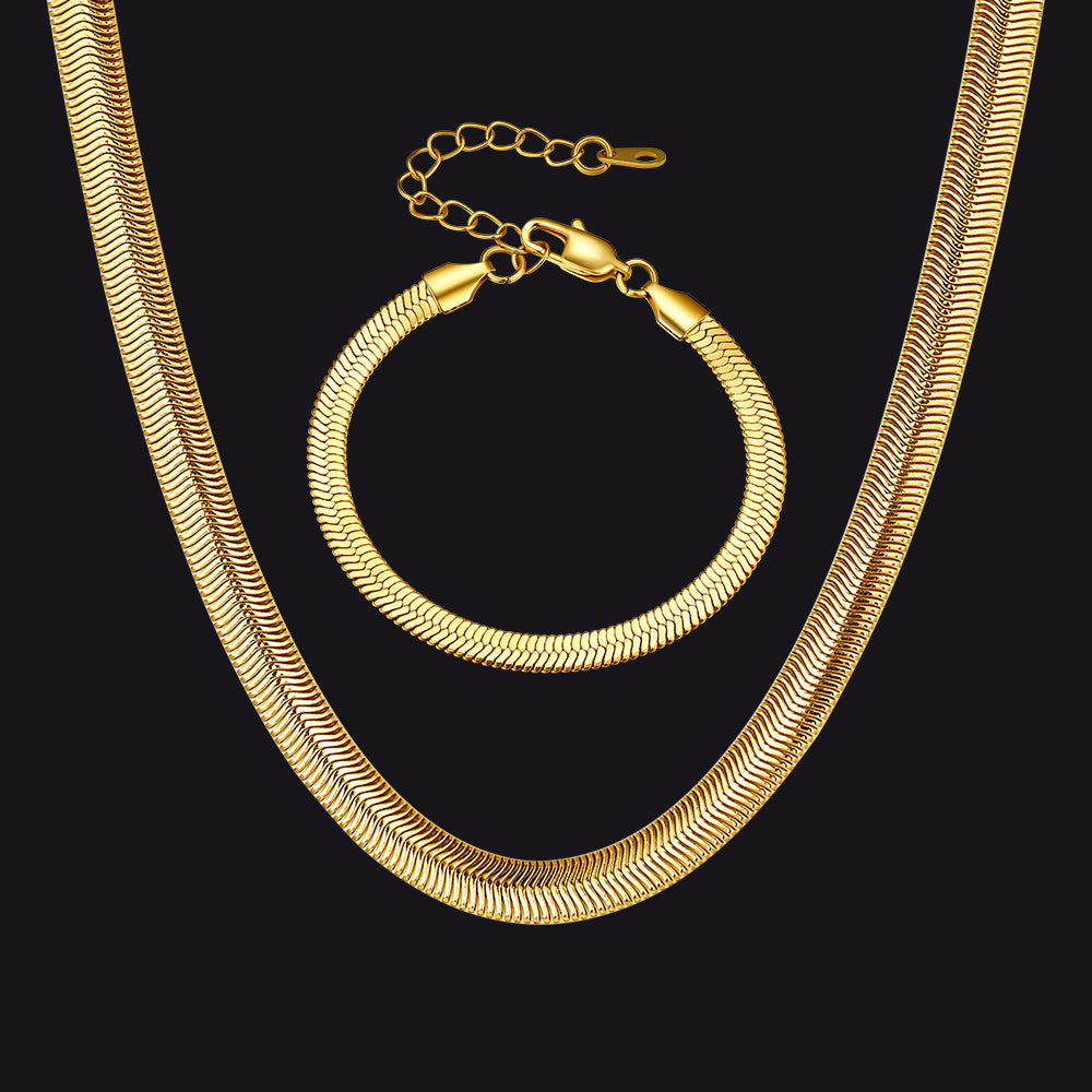 Gold Snake Chain Necklace & Bracelet Set for Men – Shiny 8mm/5mm Design