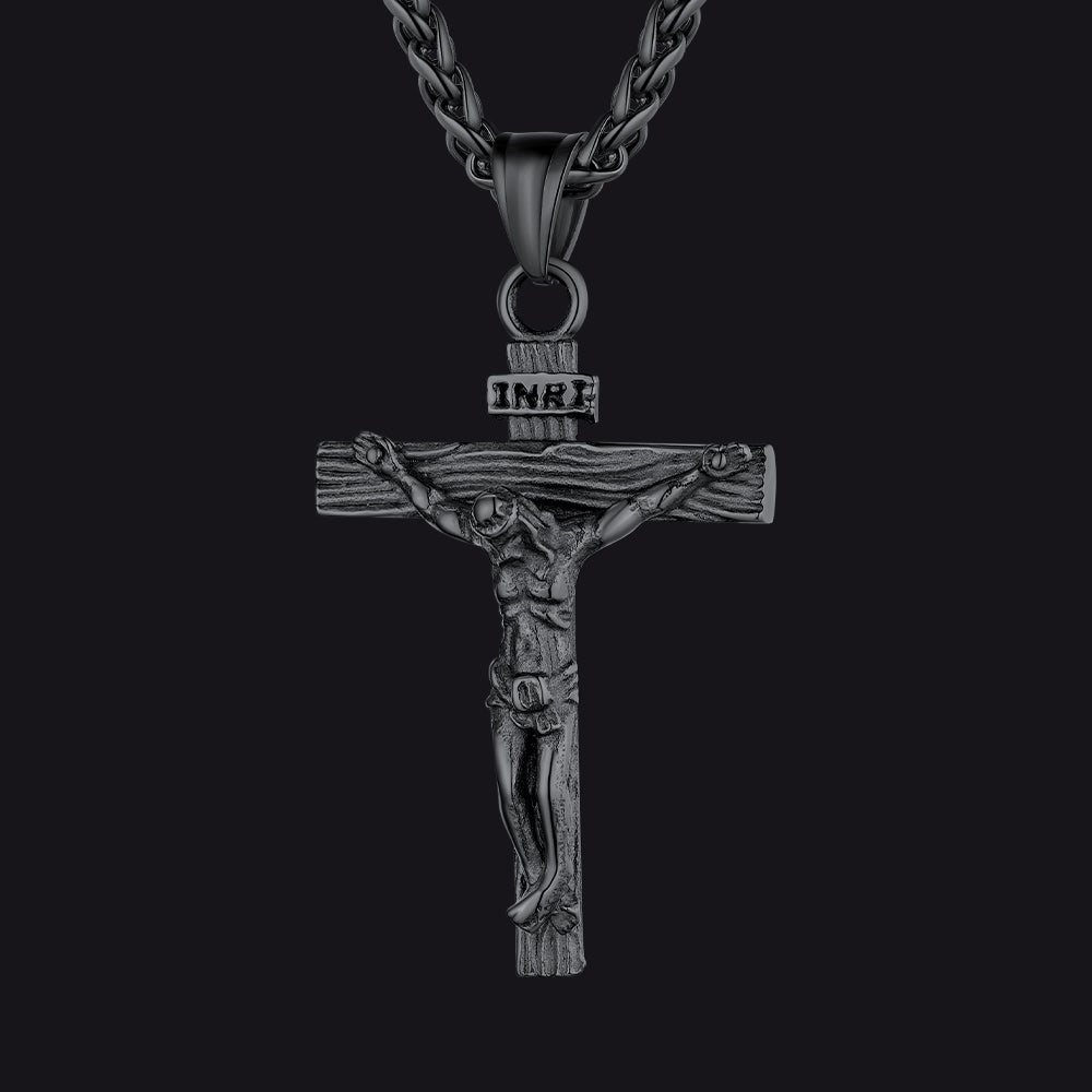 Black enamel crucifix pendant necklace, Christian jewelry