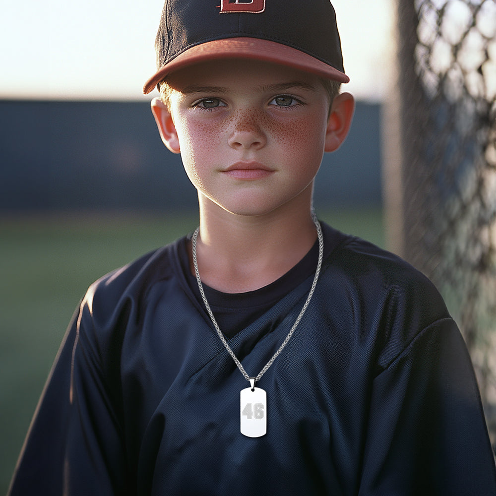 Custom Number Dog Tag Necklace for men - Boy wearing number 46 necklace