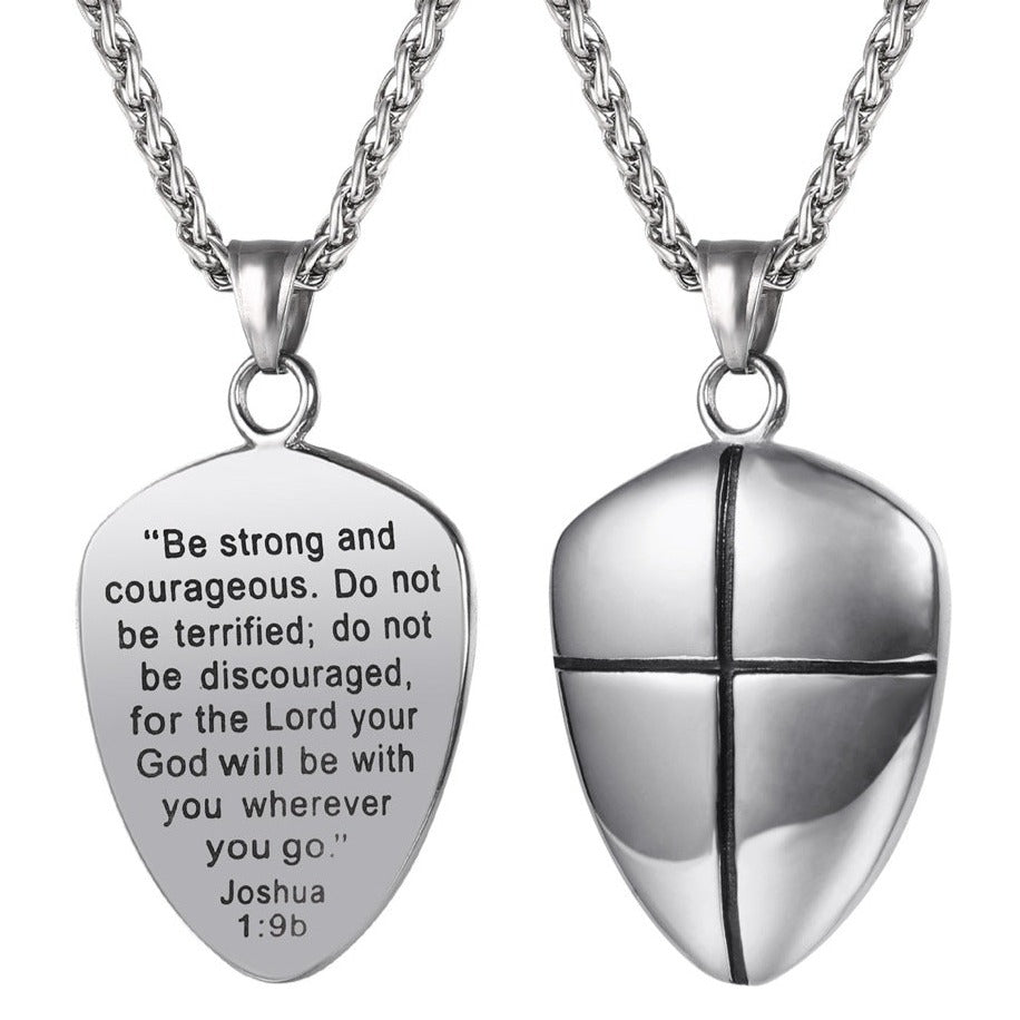 Shield pendant necklace with Joshua 1:9 verse
