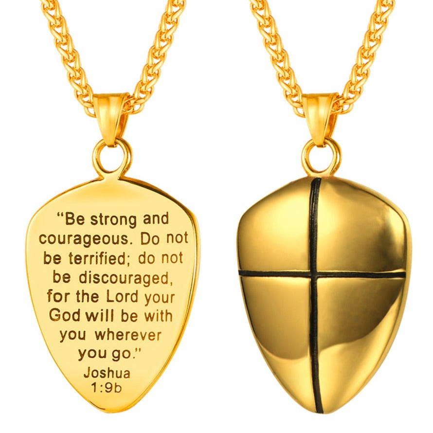 Gold shield necklace with Joshua 1:9 quote for men